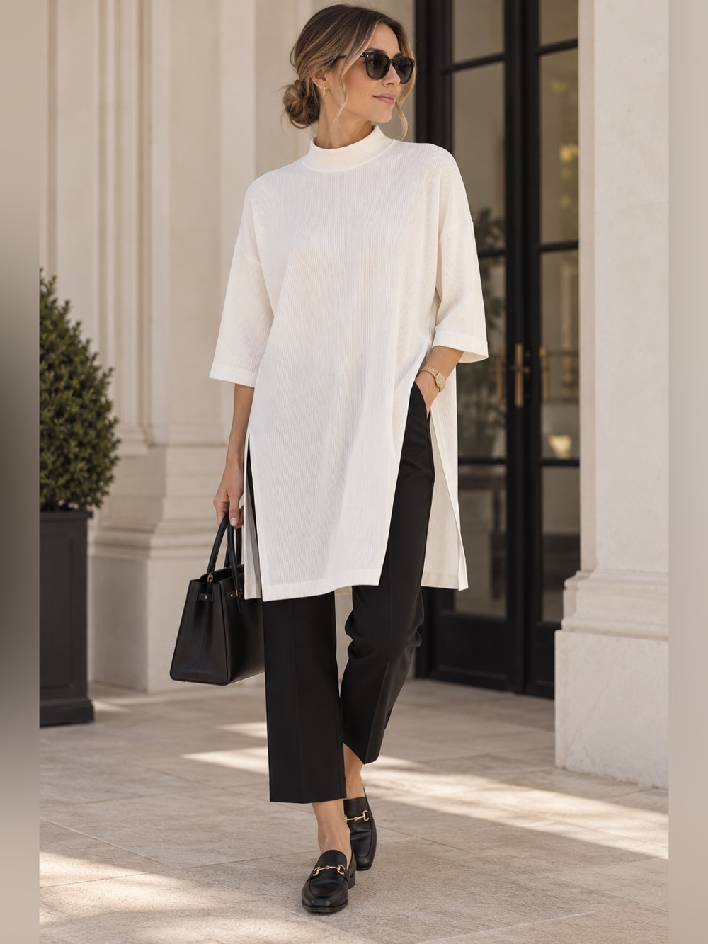 Lala White Ribbed Mock Neck Tunic Top Size Medium Made in USA NWOT